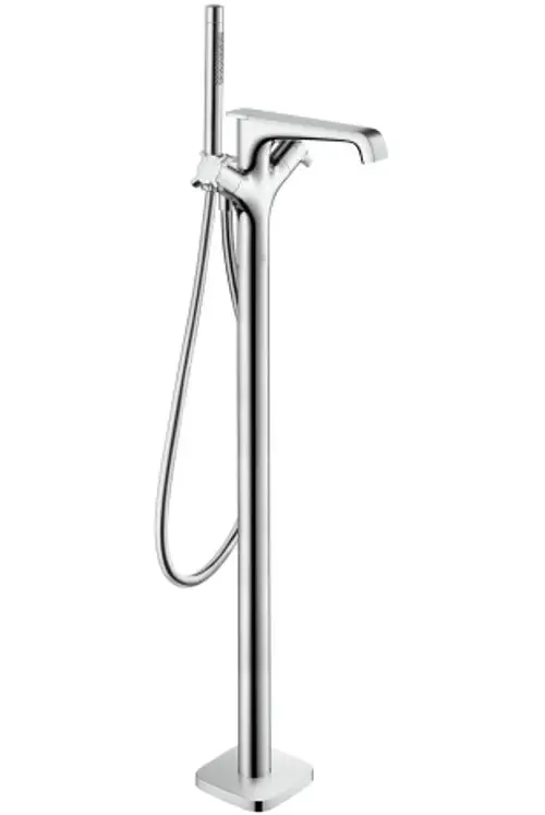 Bodenstehender Thermostat von AXOR mit schlankem Design. Ausgestattet mit einer Handbrause und einem ausgestellten Wasserhahn. Verchromte Oberfläche.